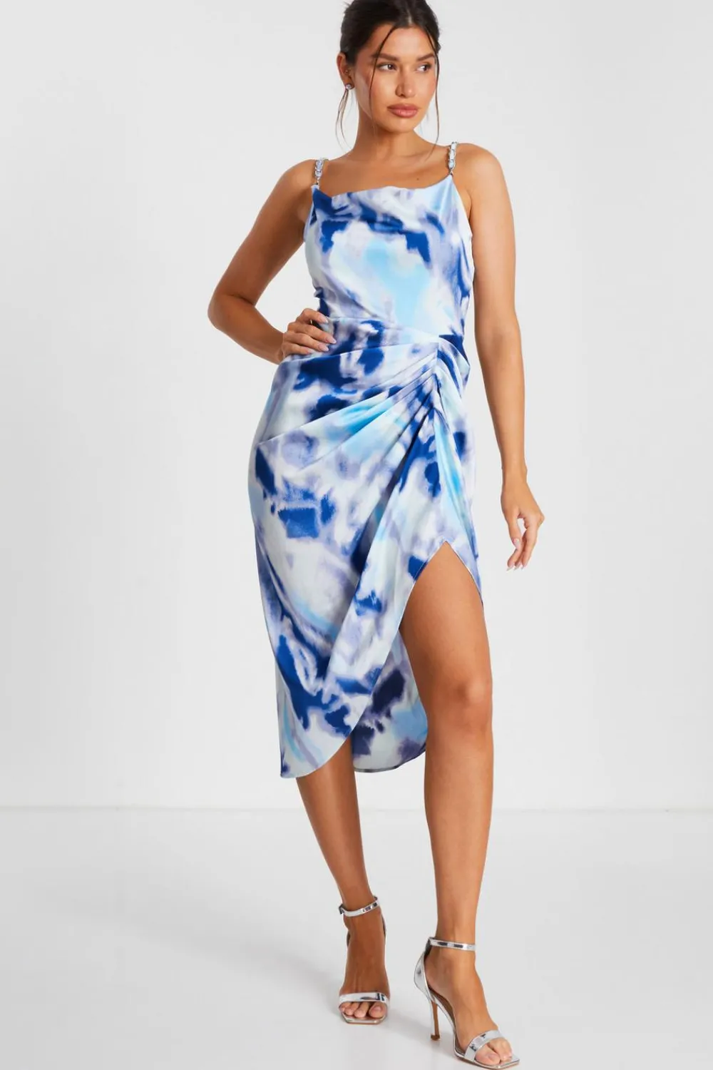 Quiz Holiday|Summer Dresses>Blue Satin Marble Print Ruched Midi Dress