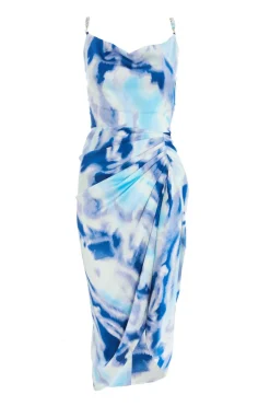 Quiz Holiday|Summer Dresses>Blue Satin Marble Print Ruched Midi Dress