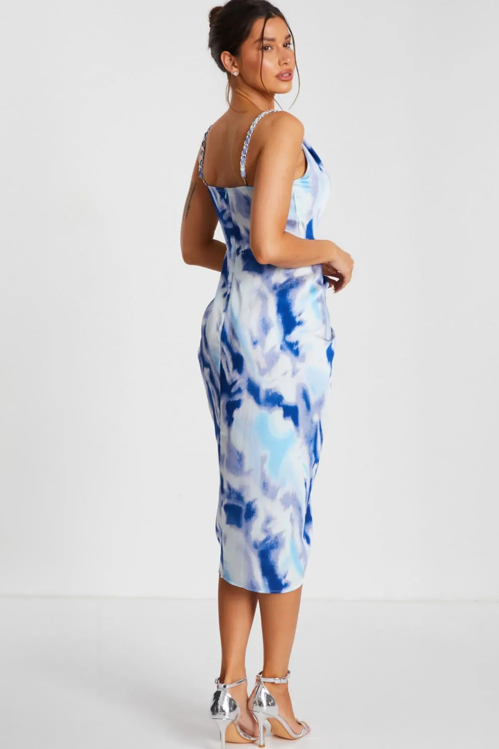 Quiz Holiday|Summer Dresses>Blue Satin Marble Print Ruched Midi Dress
