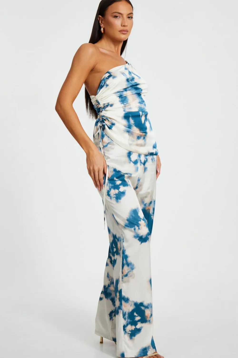 Quiz Trousers|Summer Clothes>Blue Satin Marble Print Trousers
