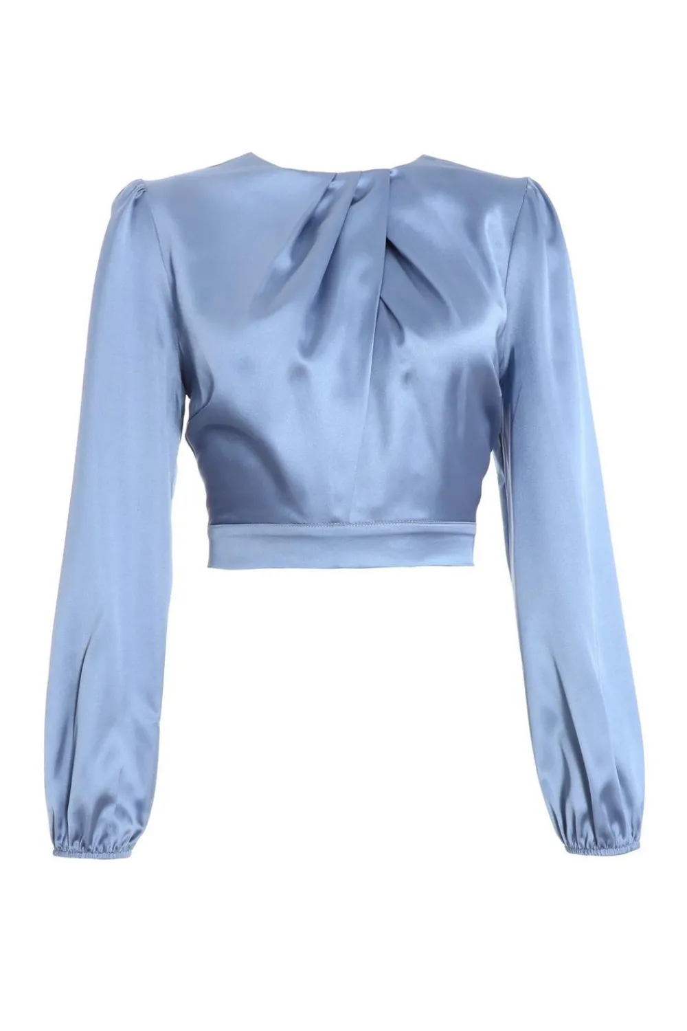 Quiz Shirts & Blouses|Going Out Tops>Blue Satin Twist Neck Crop Top