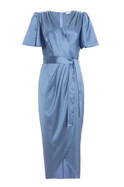 Quiz Wrap Dresses|Wedding Guest Dresses>Blue Satin Wrap Ruched Midi Dress