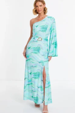 Quiz Holiday|Maxi Dresses>Blue Slinky Marble One Shoulder Fluted Dress