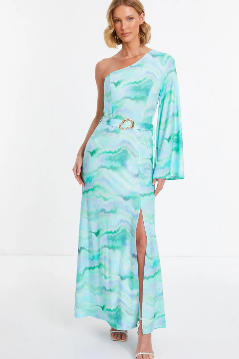 Quiz Holiday|Maxi Dresses>Blue Slinky Marble One Shoulder Fluted Dress