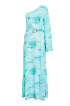 Quiz Holiday|Maxi Dresses>Blue Slinky Marble One Shoulder Fluted Dress