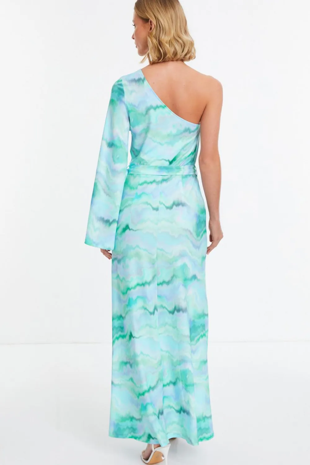 Quiz Holiday|Maxi Dresses>Blue Slinky Marble One Shoulder Fluted Dress