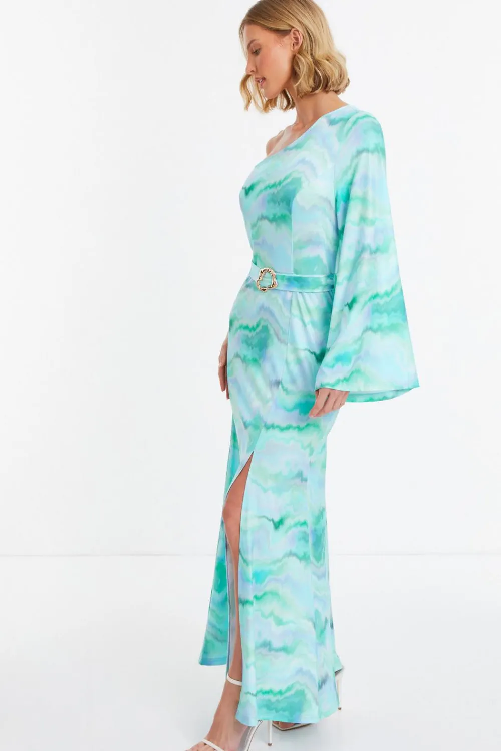 Quiz Holiday|Maxi Dresses>Blue Slinky Marble One Shoulder Fluted Dress