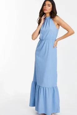 Quiz Holiday|Summer Dresses>Blue Textured High Neck Maxi Dress