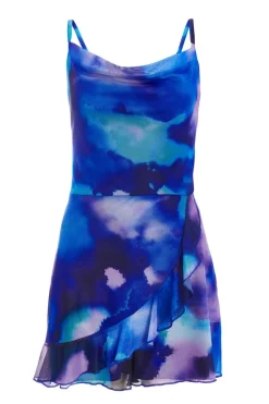 Quiz Playsuits|Summer Clothes>Blue Tie Dye Print Cowl Neck Mesh Playsuit