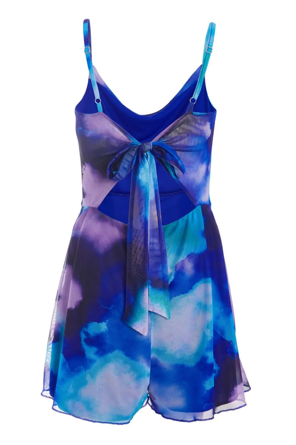 Quiz Playsuits|Summer Clothes>Blue Tie Dye Print Cowl Neck Mesh Playsuit