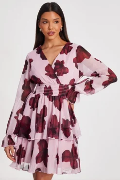 Quiz Florals|Wrap Dresses>Blush Floral Tiered Skater Dress
