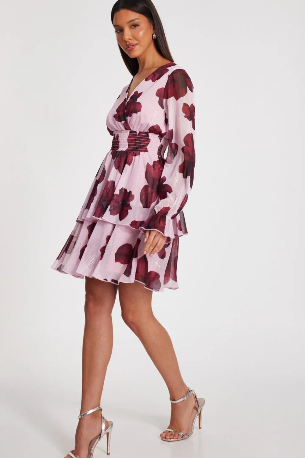 Quiz Florals|Wrap Dresses>Blush Floral Tiered Skater Dress