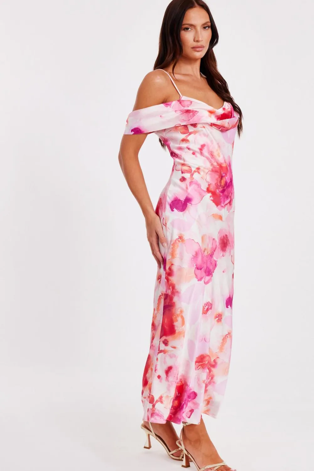 Quiz Day At The Races|Florals>Blush Satin Tropical Print Midaxi Dres