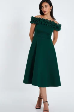 Quiz Wedding Guest Dresses|Ruffle Dresses>Bottle Green Bardot Ruffle Skater Midi Dress