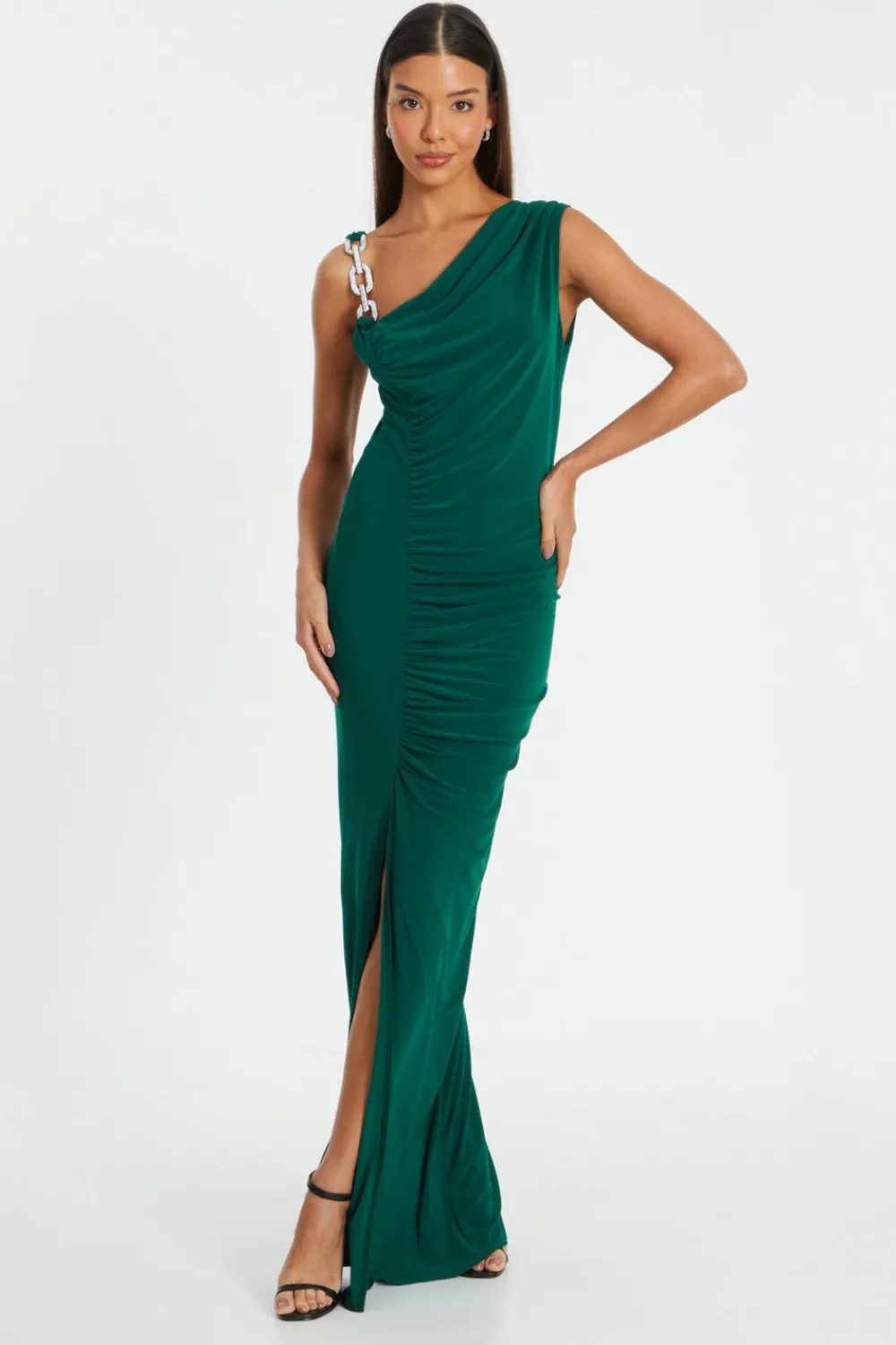 Quiz Evening Dresses|Occasion Dresses>Bottle Green Diamante Trim Maxi Dress
