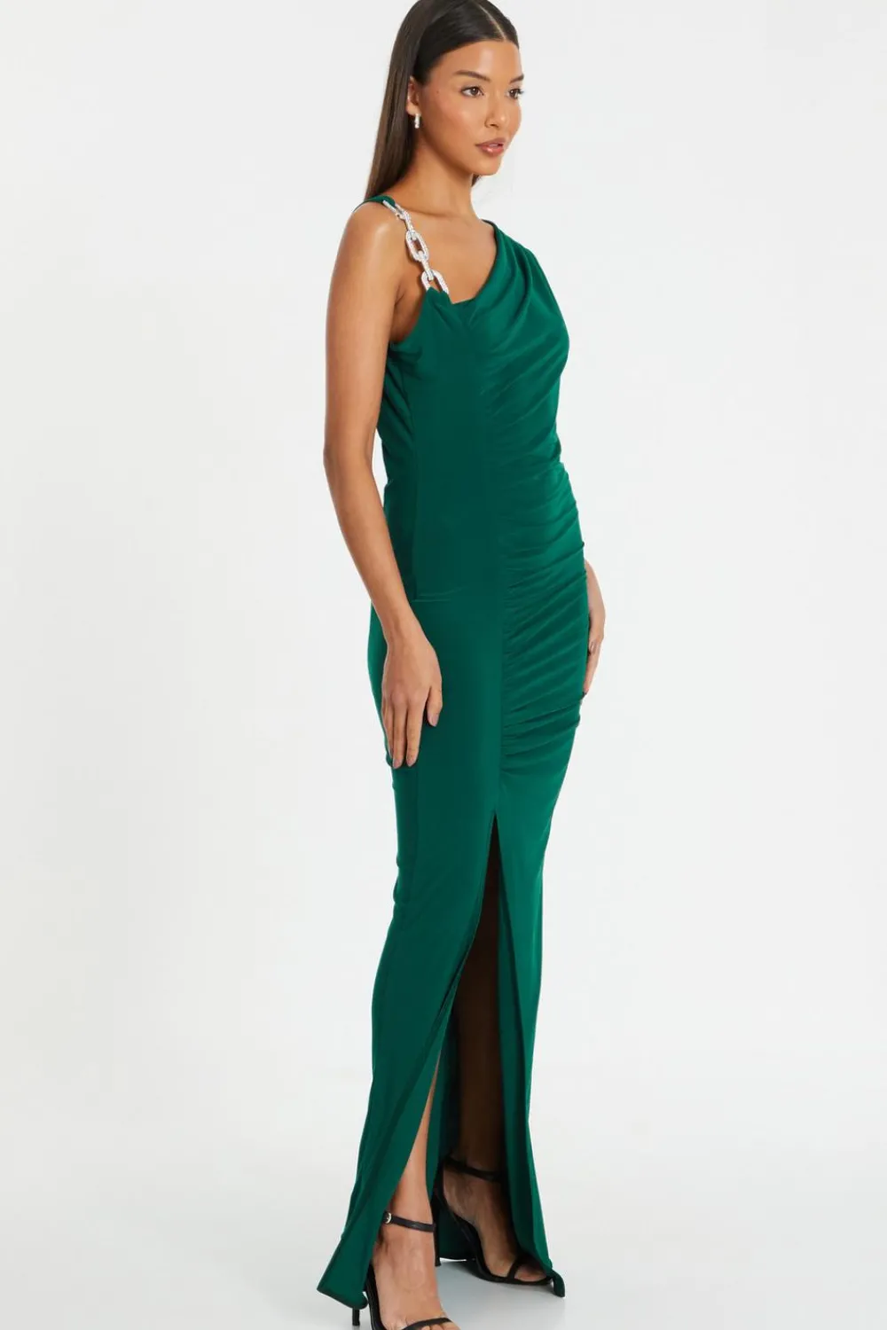 Quiz Evening Dresses|Occasion Dresses>Bottle Green Diamante Trim Maxi Dress