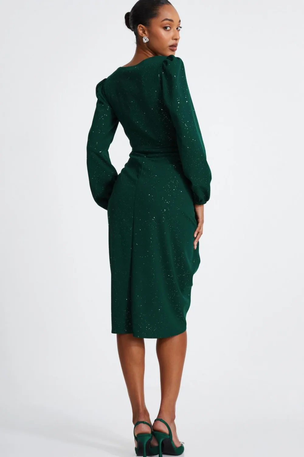 Quiz Christening Guest|Modest>Bottle Green Glitter Midi Dress
