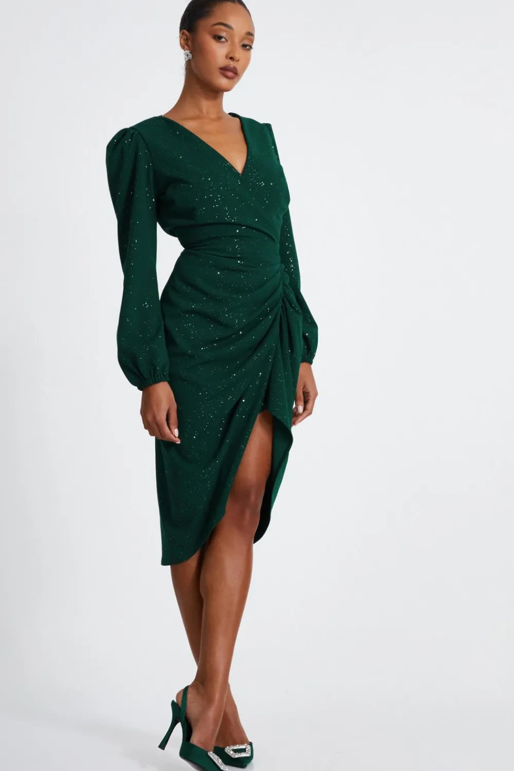 Quiz Christening Guest|Modest>Bottle Green Glitter Midi Dress