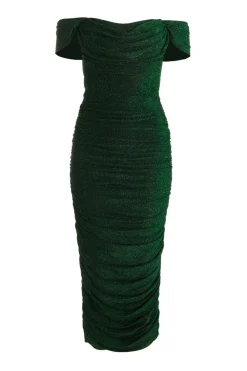 Quiz Evening Dresses|Occasion Dresses>Bottle Green Shimmer Bardot Ruched Midi Dress