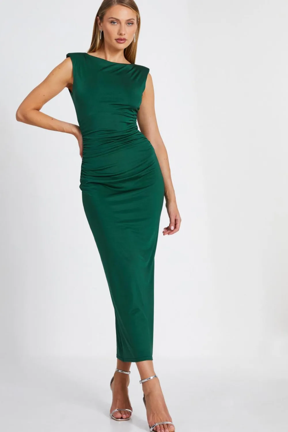 Quiz Midi Dresses|Maxi Dresses>Bottle Green Shoulder Pad Midaxi Dress