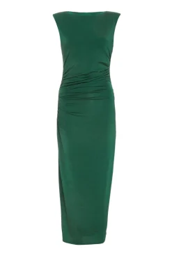 Quiz Midi Dresses|Maxi Dresses>Bottle Green Shoulder Pad Midaxi Dress