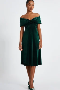 Quiz Prom & Ball|Evening Dresses>Bottle Green Velvet Bardot Midi Dress