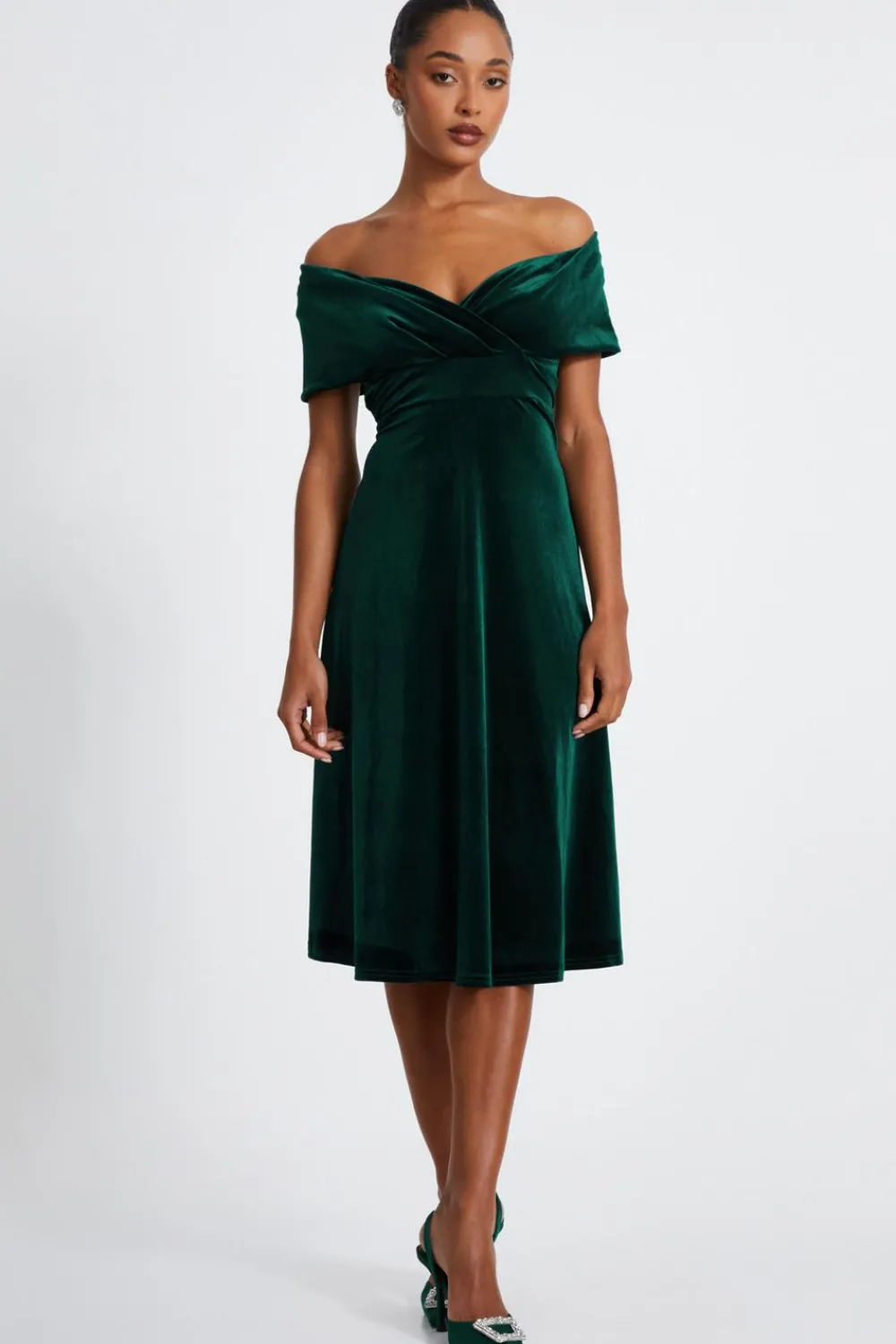 Quiz Prom & Ball|Evening Dresses>Bottle Green Velvet Bardot Midi Dress