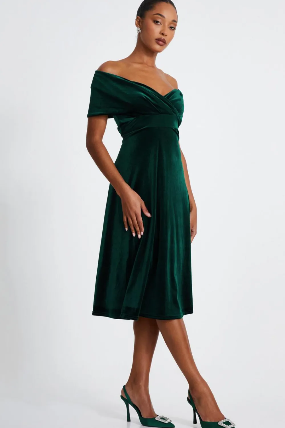 Quiz Prom & Ball|Evening Dresses>Bottle Green Velvet Bardot Midi Dress