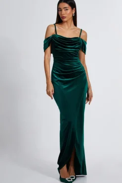 Quiz Evening Dresses|Wrap Dresses>Bottle Green Velvet Cowl Neck Maxi Dress