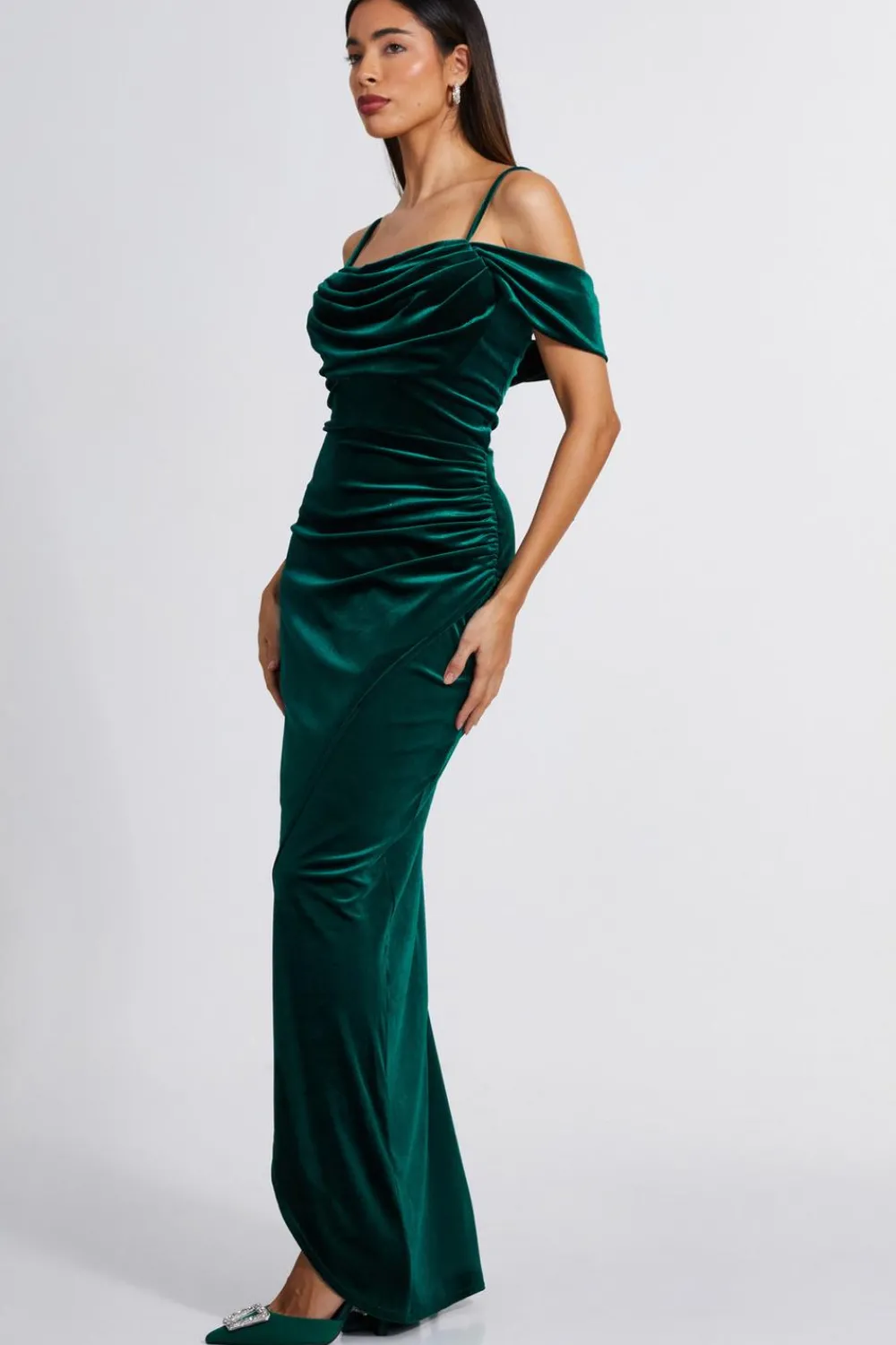 Quiz Evening Dresses|Wrap Dresses>Bottle Green Velvet Cowl Neck Maxi Dress