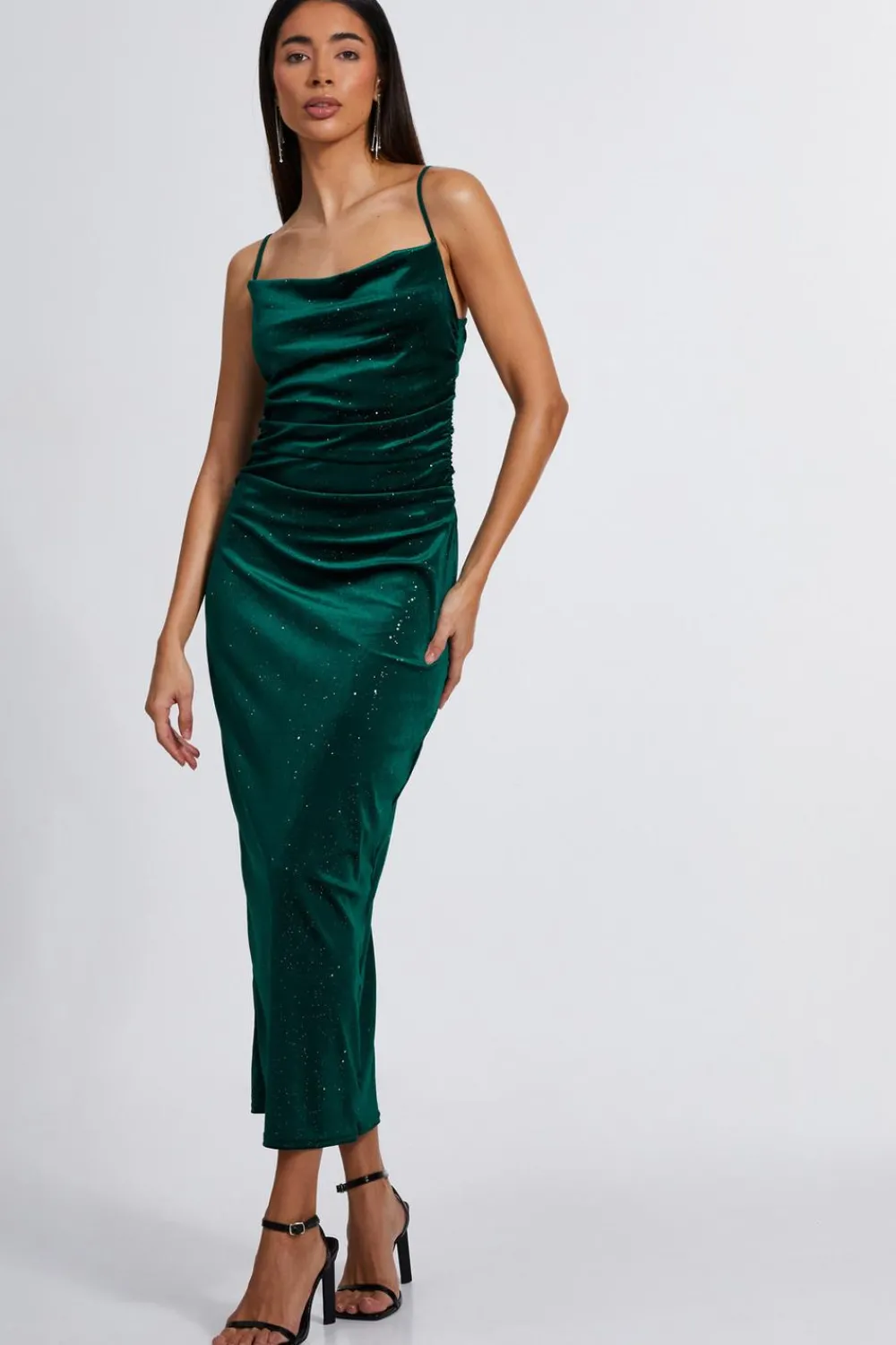 Quiz Evening Dresses|Wedding Guest Dresses>Bottle Green Velvet Glitter Midaxi Dress