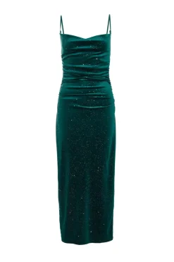 Quiz Evening Dresses|Wedding Guest Dresses>Bottle Green Velvet Glitter Midaxi Dress