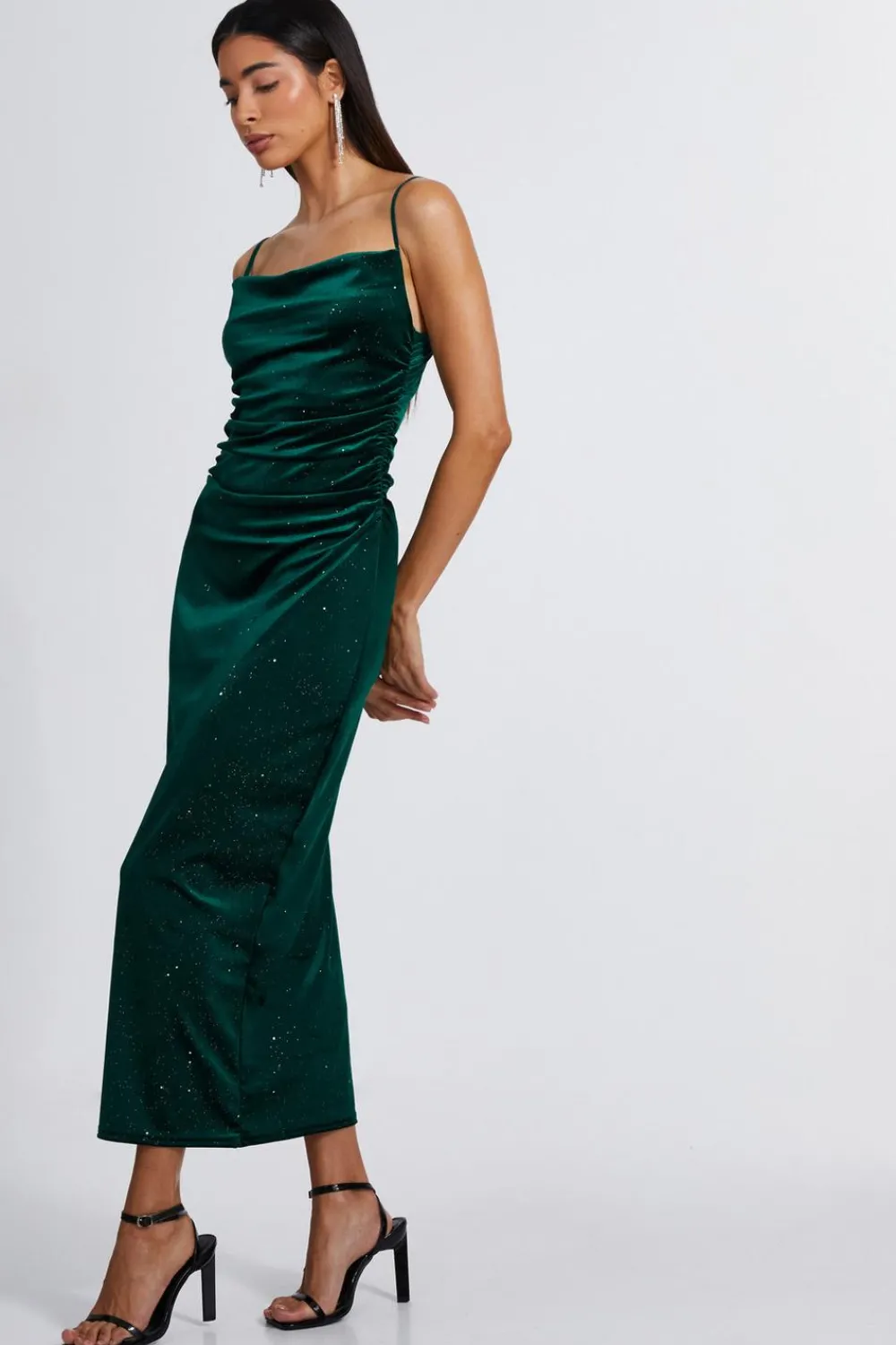 Quiz Evening Dresses|Wedding Guest Dresses>Bottle Green Velvet Glitter Midaxi Dress
