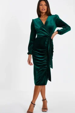 Quiz Evening Dresses|Wrap Dresses>Bottle Green Velvet Ruched Midi Dress