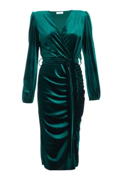 Quiz Evening Dresses|Wrap Dresses>Bottle Green Velvet Ruched Midi Dress