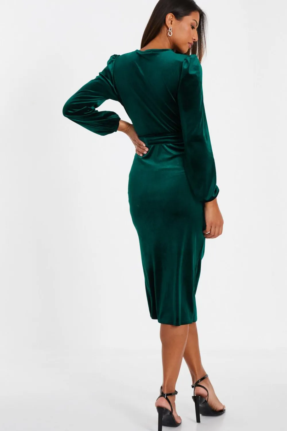 Quiz Evening Dresses|Wrap Dresses>Bottle Green Velvet Ruched Midi Dress