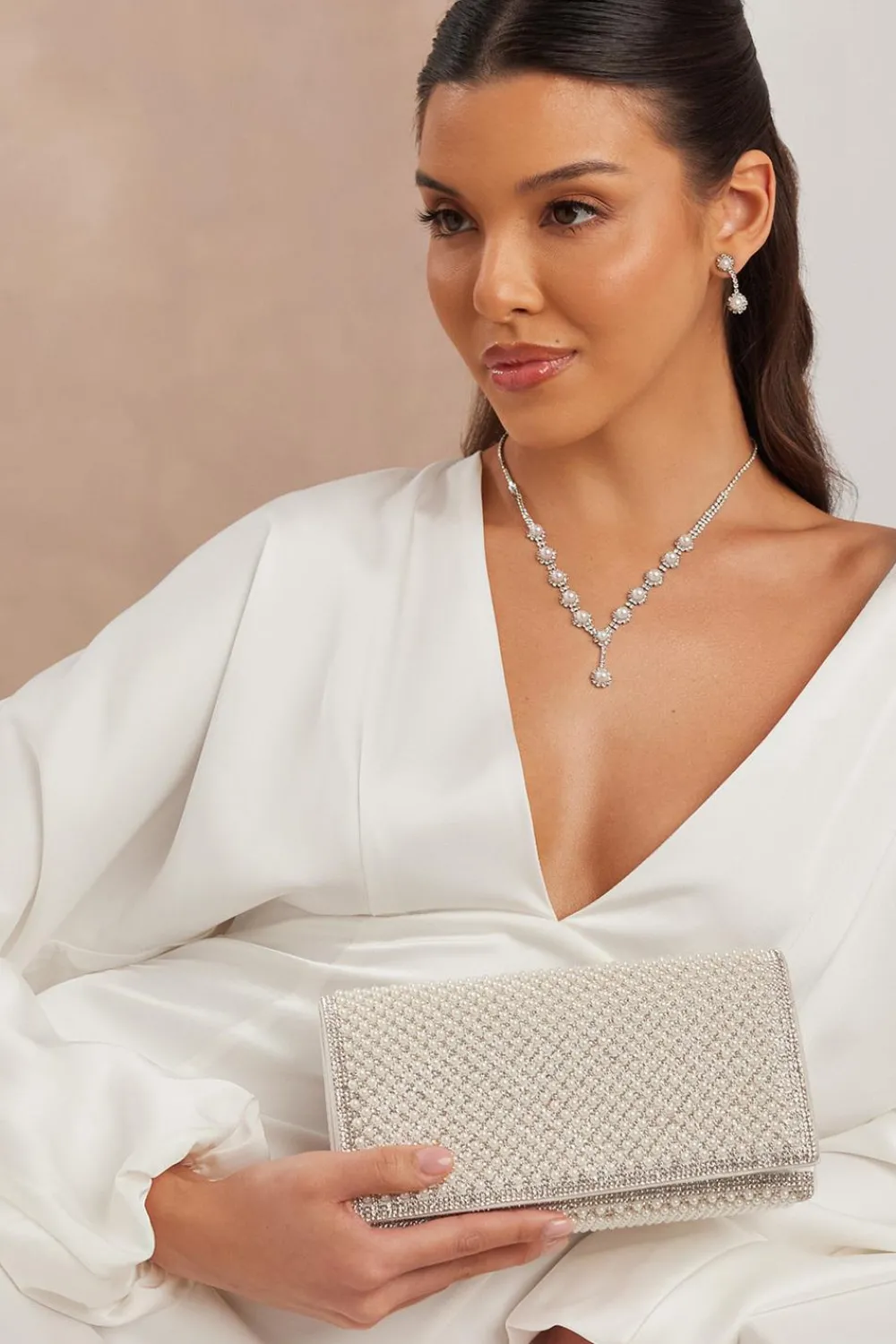 Quiz Wedding Accessories|Bride To Be>Bridal White Pearl Embellished Clutch Bag