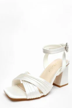 Quiz Wide Fit|Occasion Shoes>Bridal Wide Fit White Satin Block Heel Sandals