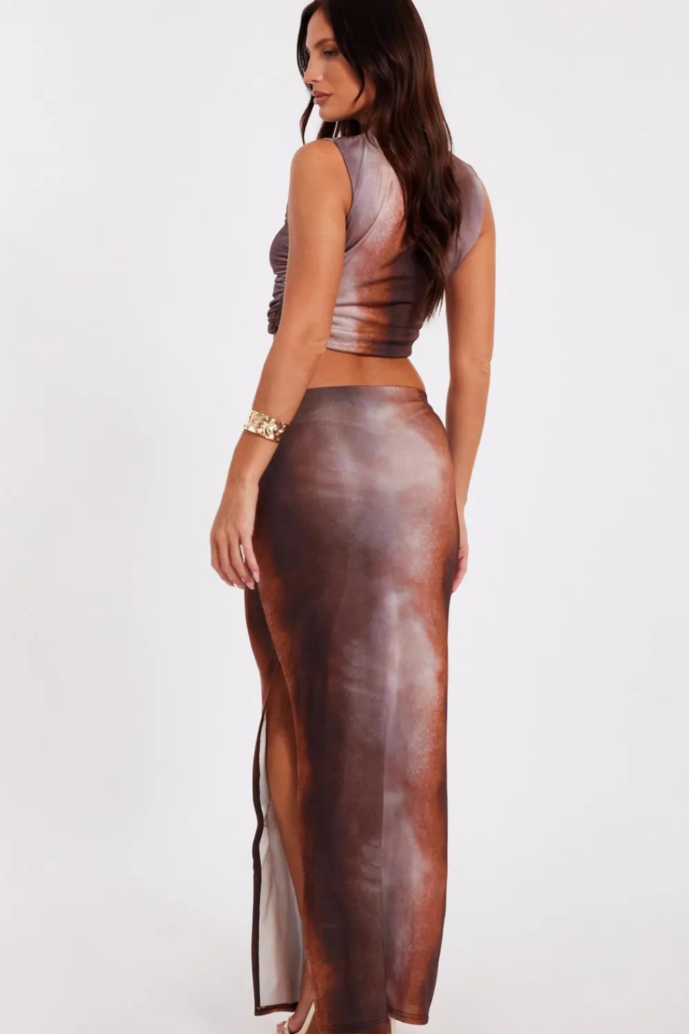 Quiz Going Out Tops|Day Tops>Brown Asymmetric Tie Dye Crop Top