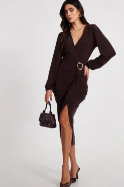 Quiz Christening Guest|Going Out>Brown Buckle Detail Midi Dress
