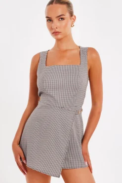 Quiz Playsuits|Playsuits>Brown Checked Playsuit