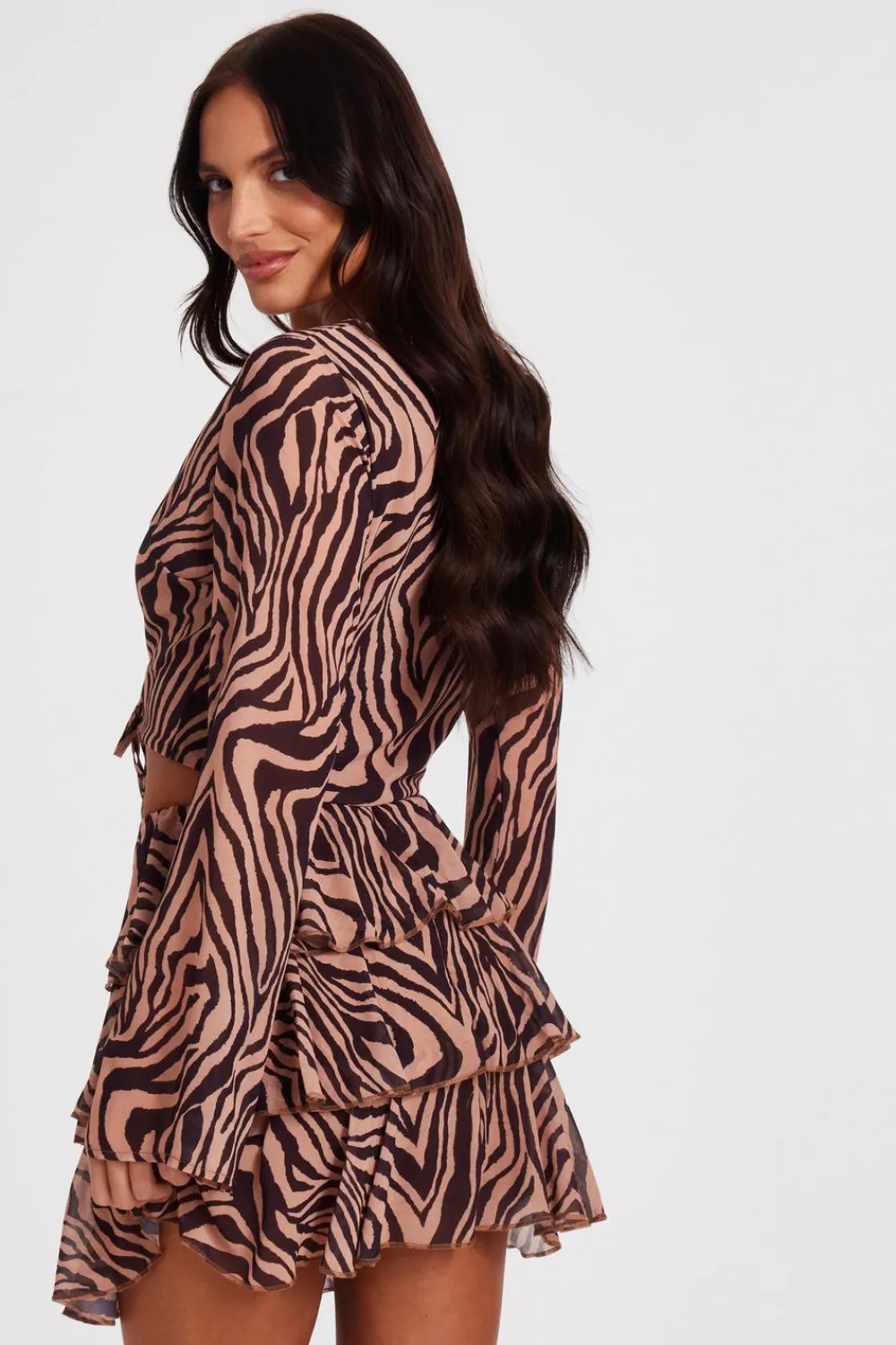 Quiz Going Out Tops|Day Tops>Brown Chiffon Tiger Print Top