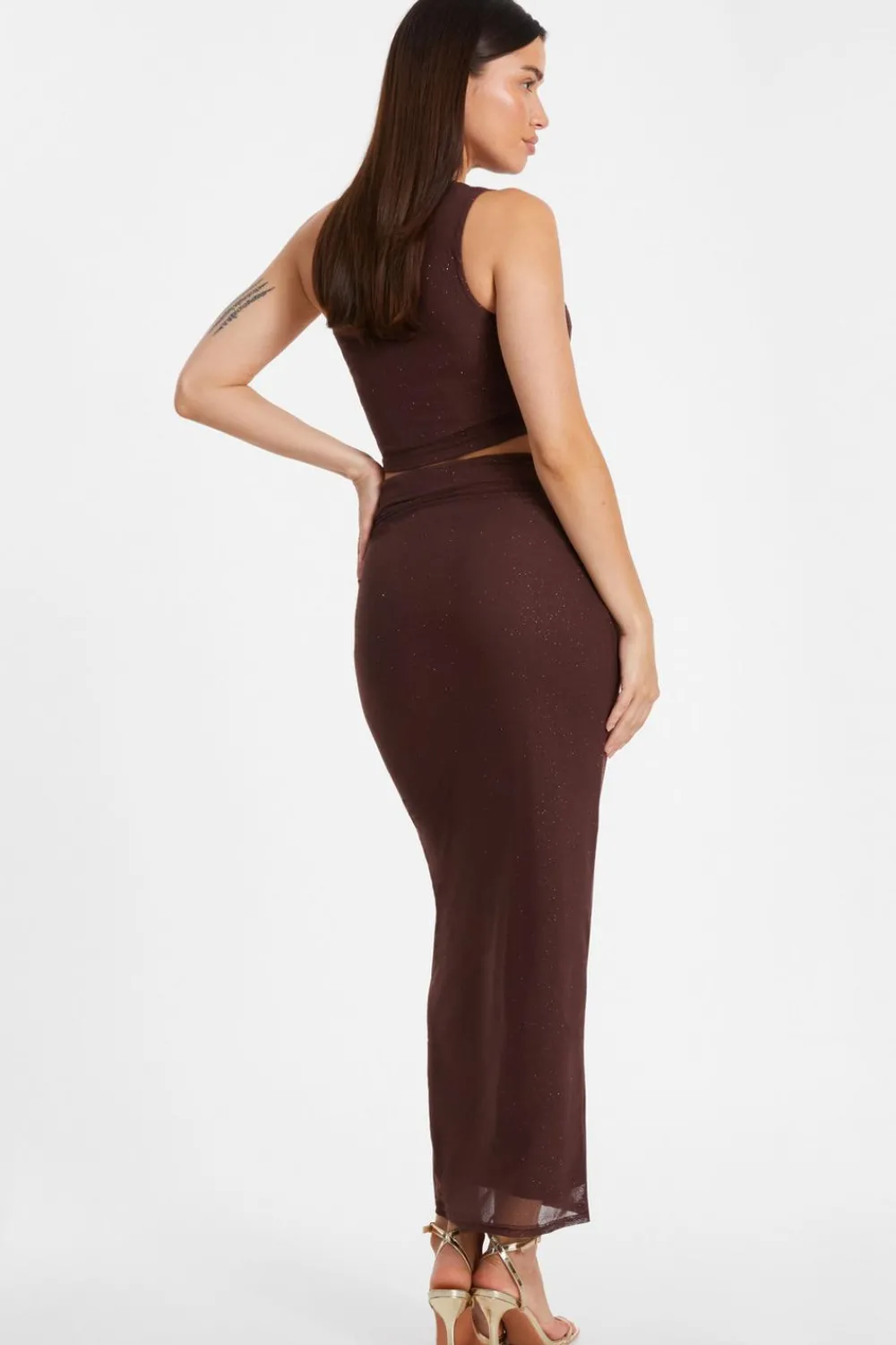 Quiz Skirts|Co-Ords>Brown Glitter Mesh Midaxi Skirt