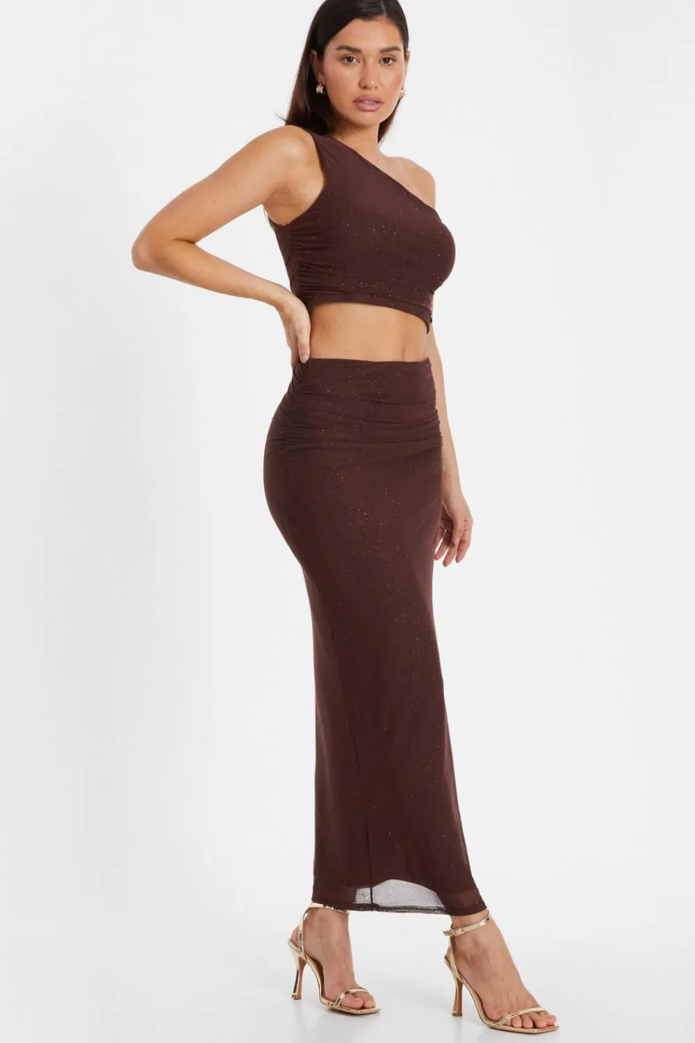 Quiz Skirts|Co-Ords>Brown Glitter Mesh Midaxi Skirt