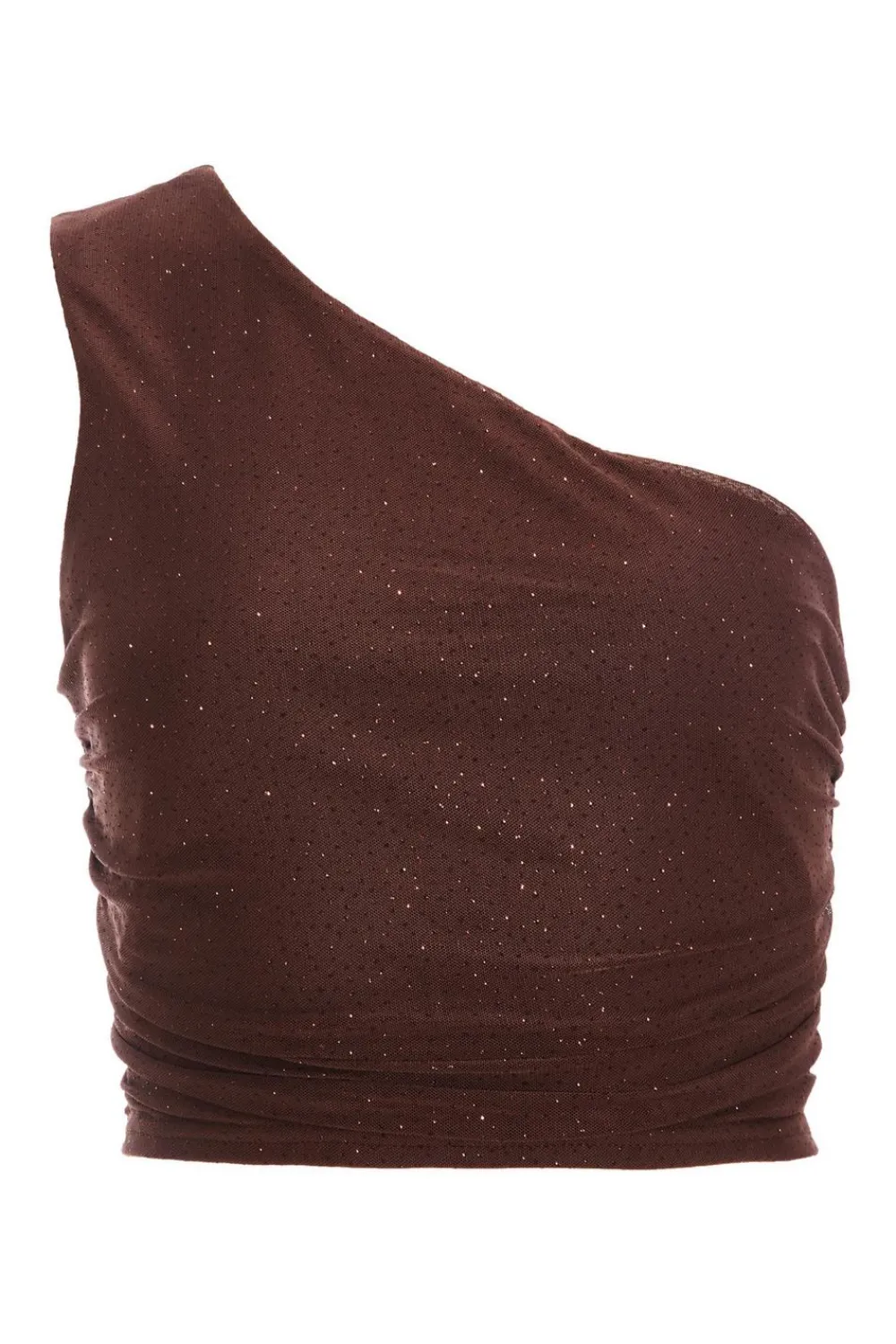 Quiz Going Out Tops|Tops>Brown Glitter Mesh One Shoulder Crop Top