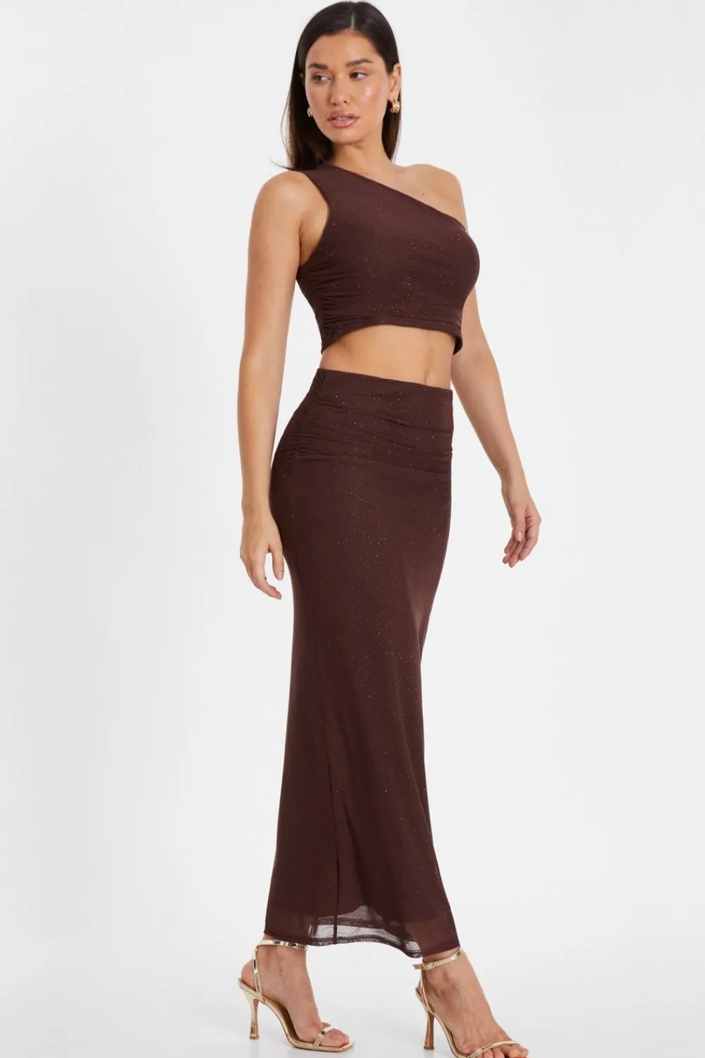 Quiz Going Out Tops|Tops>Brown Glitter Mesh One Shoulder Crop Top
