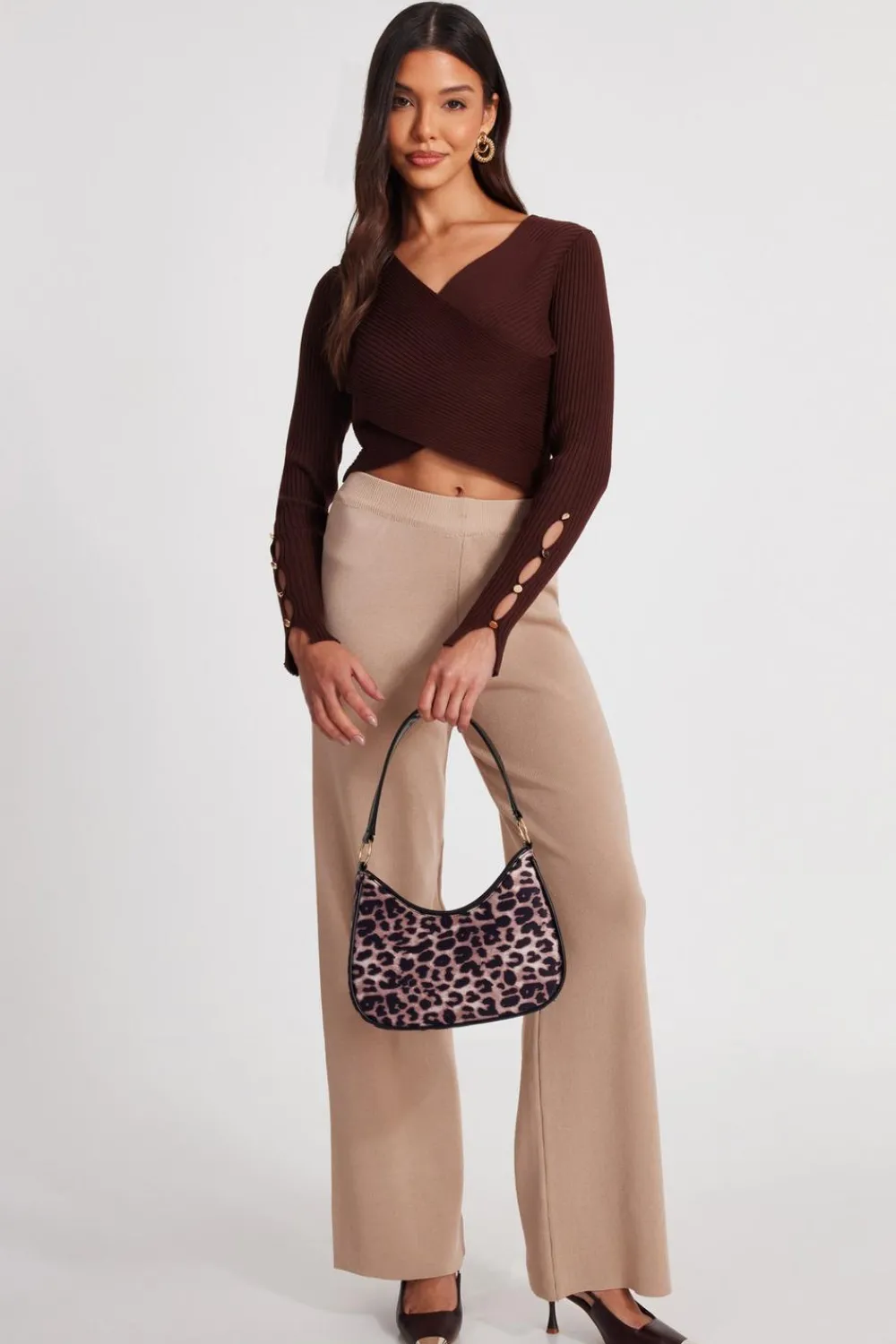 Quiz Knitwear|Jumpers>Brown Knit Crossover Cropped Jumper