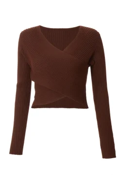 Quiz Knitwear|Jumpers>Brown Knit Crossover Cropped Jumper