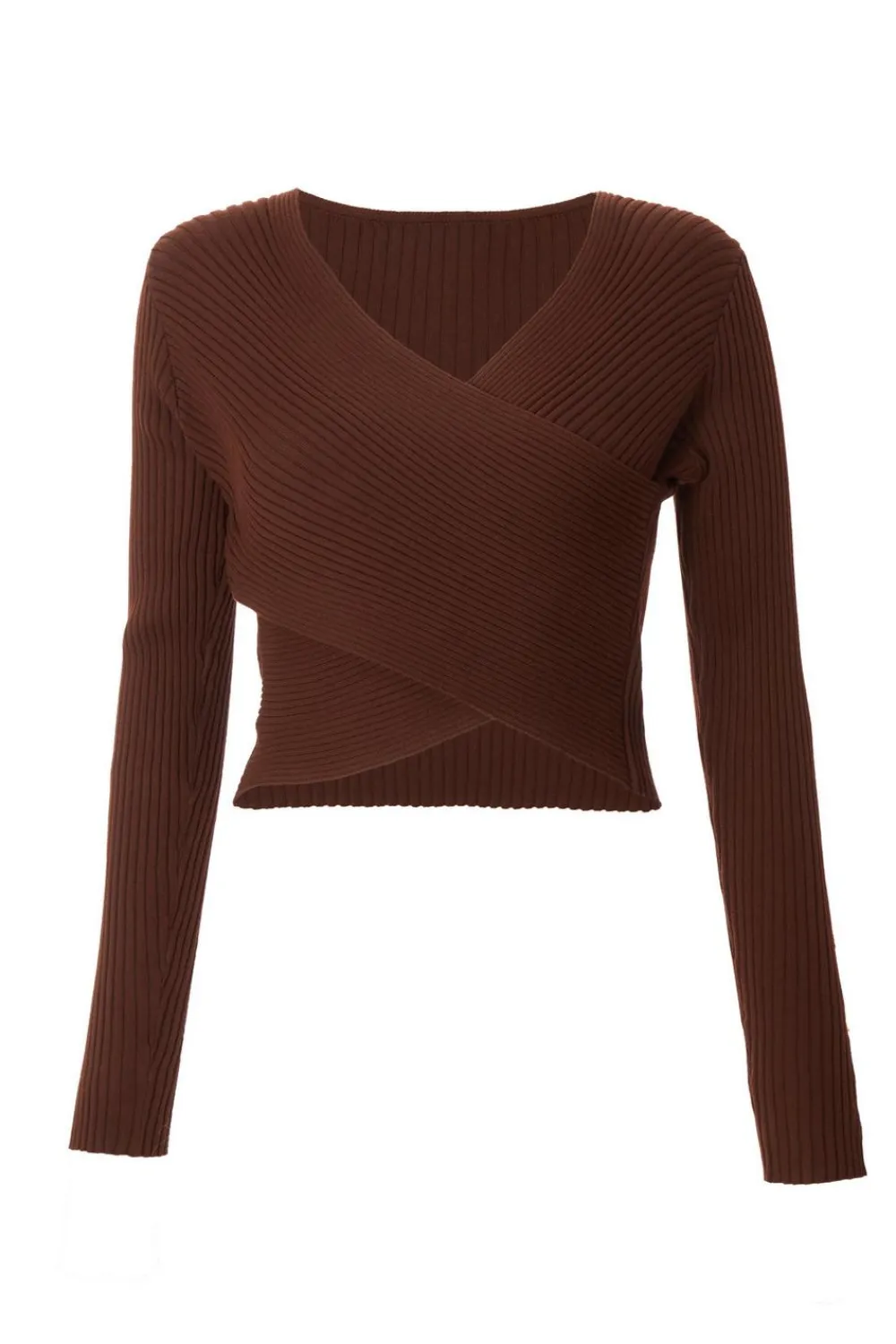 Quiz Knitwear|Jumpers>Brown Knit Crossover Cropped Jumper