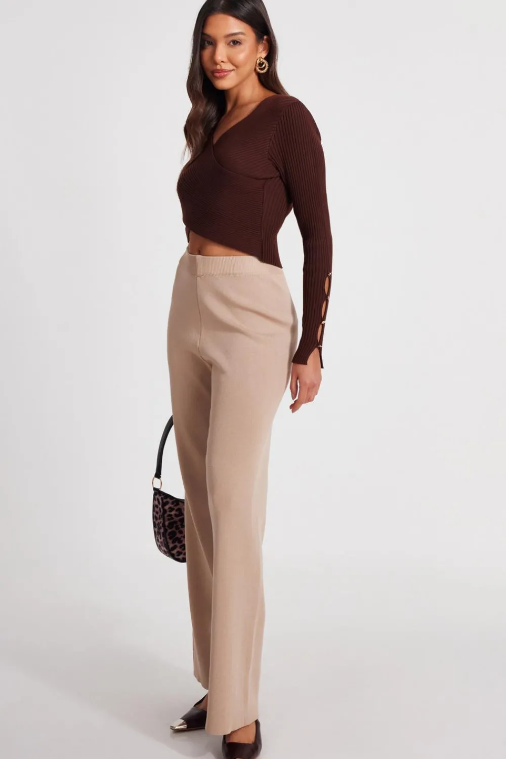 Quiz Knitwear|Jumpers>Brown Knit Crossover Cropped Jumper